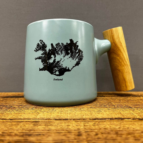 Iceland Map Mug with Wooden Handle  - Ceramic Mug - Blue