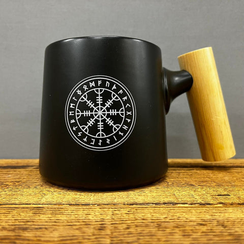 Helm of Awe Mug with Wooden Handle  - Ceramic Mug - Black